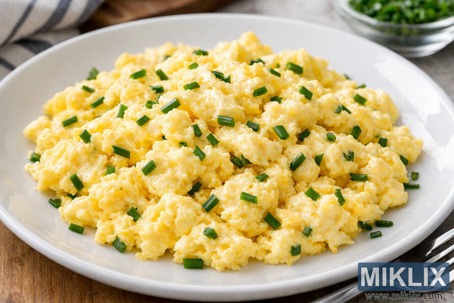Close-up of fluffy scrambled eggs with chopped chives on a white plate, fork resting nearby, bright natural lighting. Close-up of fluffy scrambled eggs with chopped chives on a white plate, fork resting nearby, bright natural lighting.