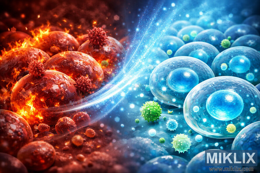 Digital illustration showing cellular inflammation reduction with red inflamed cells transitioning to healthy blue cells through a glowing blue wave of light. Digital illustration showing cellular inflammation reduction with red inflamed cells transitioning to healthy blue cells through a glowing blue wave of light.