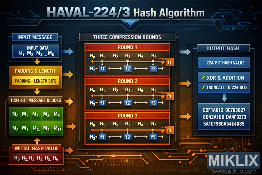 Landscape infographic showing the HAVAL-224/3 hash pipeline: input message, padding and length, 1024-bit message blocks, initial hash state, three compression rounds, and a 224-bit output hash with truncation and mixing steps. Landscape infographic showing the HAVAL-224/3 hash pipeline: input message, padding and length, 1024-bit message blocks, initial hash state, three compression rounds, and a 224-bit output hash with truncation and mixing steps.