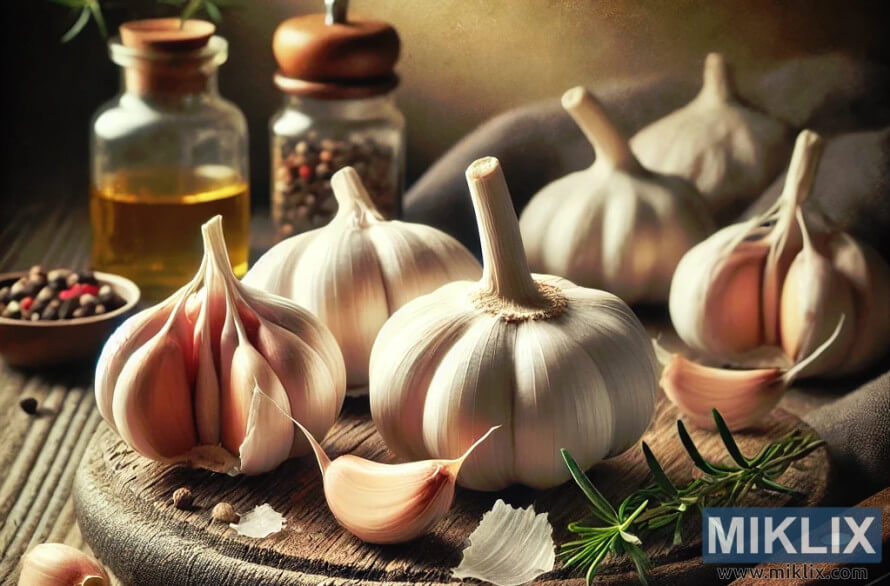 Mentol bawang putih segar dan ulas dengan herba dan rempah ratus di atas meja desa.