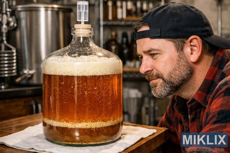 Homebrewer closely observing a glass carboy filled with fermenting amber beer during the diacetyl rest period in a home brewery setting.