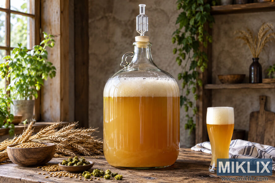 Cloudy golden German-style Hefeweizen actively fermenting beneath a creamy kräusen in a clear glass carboy with an airlock on a rustic wooden table, surrounded by wheat, grain, hops, a striped cloth, and a tall glass of foamy wheat beer in a warmly lit farmhouse interior. Cloudy golden German-style Hefeweizen actively fermenting beneath a creamy kräusen in a clear glass carboy with an airlock on a rustic wooden table, surrounded by wheat, grain, hops, a striped cloth, and a tall glass of foamy wheat beer in a warmly lit farmhouse interior.