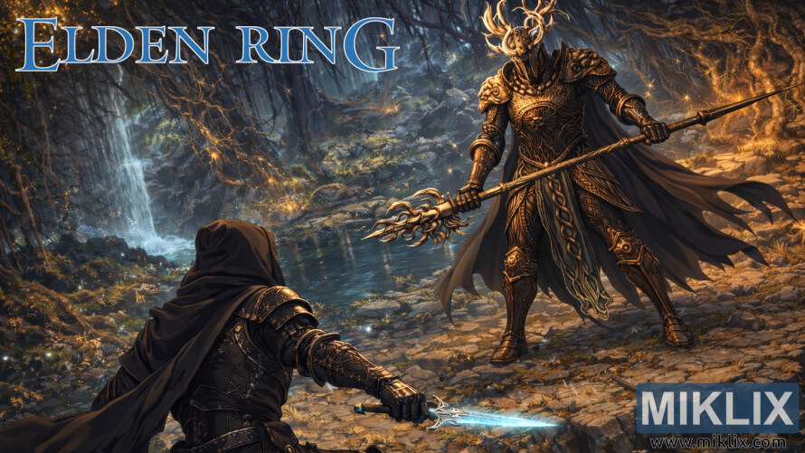 Fan art of Black Knife armor player battling Crucible Knight Siluria in Deeproot Depths from Elden Ring