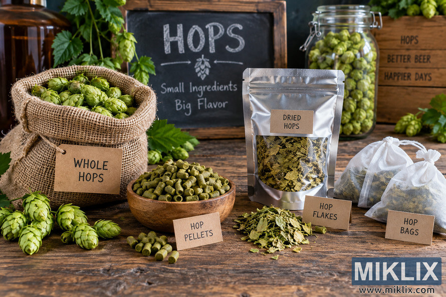 Rustic homebrewing display showing whole hops in a burlap sack, hop pellets in a wooden bowl, dried hops in a generic resealable pouch, loose hop flakes, and white mesh hop bags, with a glass jar of hop cones and a chalkboard in the background. Rustic homebrewing display showing whole hops in a burlap sack, hop pellets in a wooden bowl, dried hops in a generic resealable pouch, loose hop flakes, and white mesh hop bags, with a glass jar of hop cones and a chalkboard in the background.