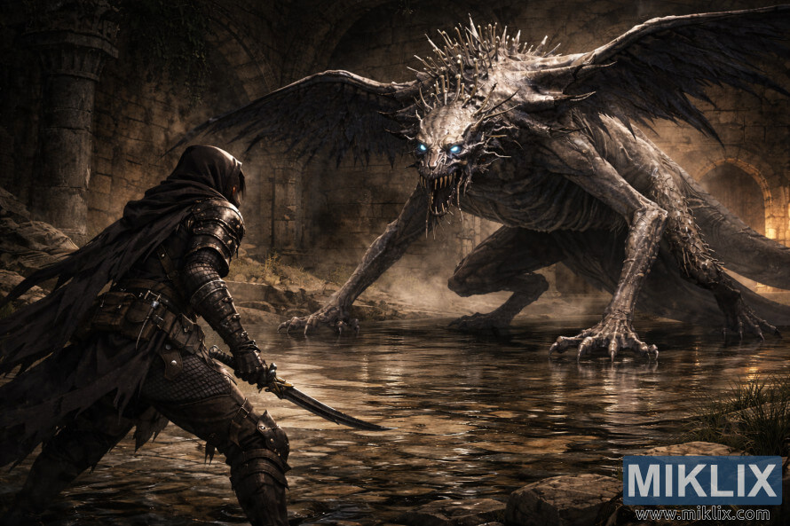 Tamno oklopljeni ratnik viÄen s leÄa kako se suoÄava s masivnim kraljem nalik zmaju u ruÅ¡evnoj, poplavljenoj katedrali prije bitke. Tamno oklopljeni ratnik viÄen s leÄa kako se suoÄava s masivnim kraljem nalik zmaju u ruÅ¡evnoj, poplavljenoj katedrali prije bitke.