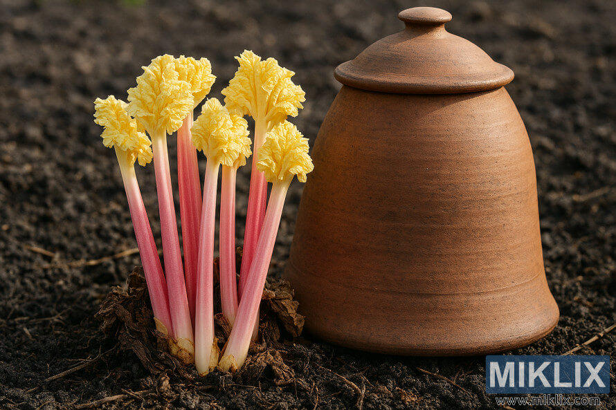 Pale pink forced rhubarb stalks growing beside a terracotta forcing pot in dark soil