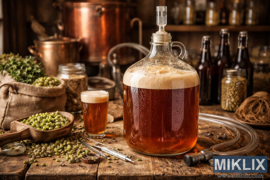 Glass carboy of fermenting Edinburgh-style ale on a rustic wooden table surrounded by hops, barley, and traditional brewing equipment.