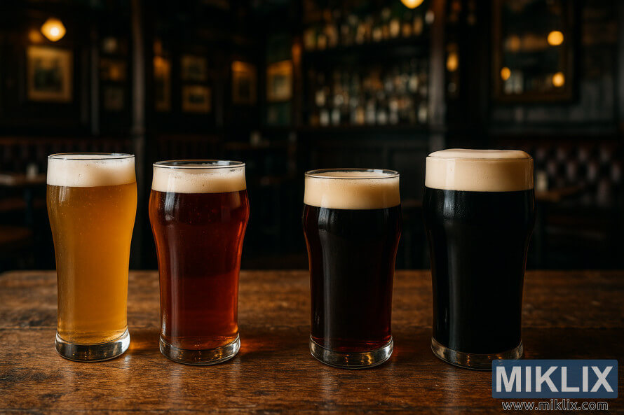 NÃ©gy kÃ¼lÃ¶nbÃ¶zÅ Ã­r sÃ¶r korsÃ³s poharakban egy rusztikus faasztalon egy hagyomÃ¡nyos Ã­r kocsmÃ¡ban.