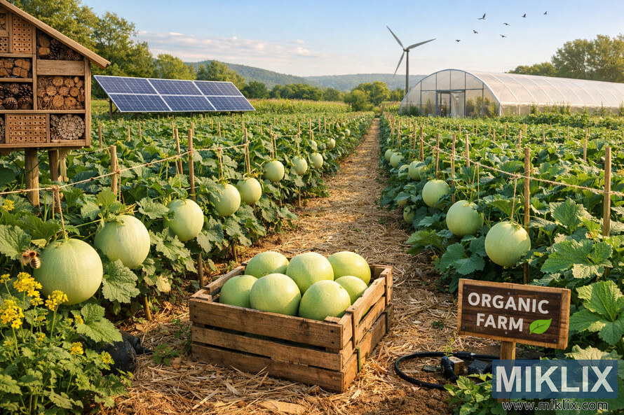 A sustainable honeydew melon farm with solar panels, greenhouse, wind turbine, insect hotel, and organic sign under a golden sky. A sustainable honeydew melon farm with solar panels, greenhouse, wind turbine, insect hotel, and organic sign under a golden sky.