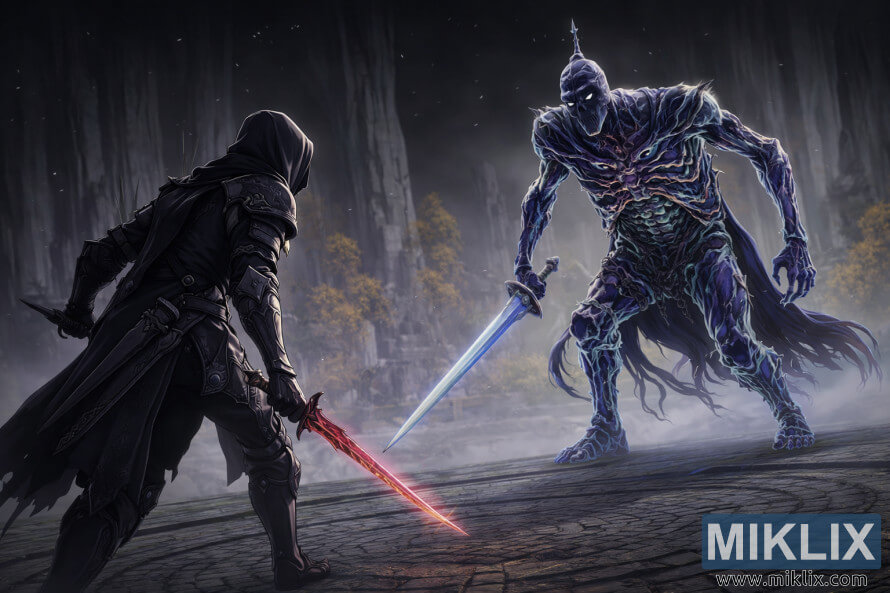 Fan-Art im Anime-Stil, die den Tarnished in Black Knife-RÃ¼stung zeigt, wie er Bols, den karischen Ritter, in einer Steinarena in Cuckoos Evergaol kurz vor dem Kampf gegenÃ¼bersteht.