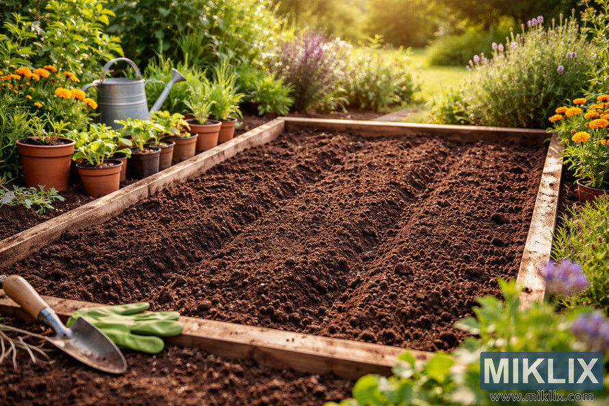 Sunny garden bed filled with rich, freshly tilled dark soil ready for planting, surrounded by seedlings, flowers, and gardening tools Sunny garden bed filled with rich, freshly tilled dark soil ready for planting, surrounded by seedlings, flowers, and gardening tools