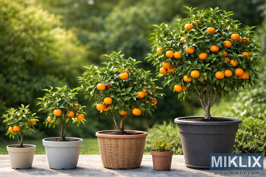 Row of potted tangerine trees at different growth stages displayed in various container sizes outdoors