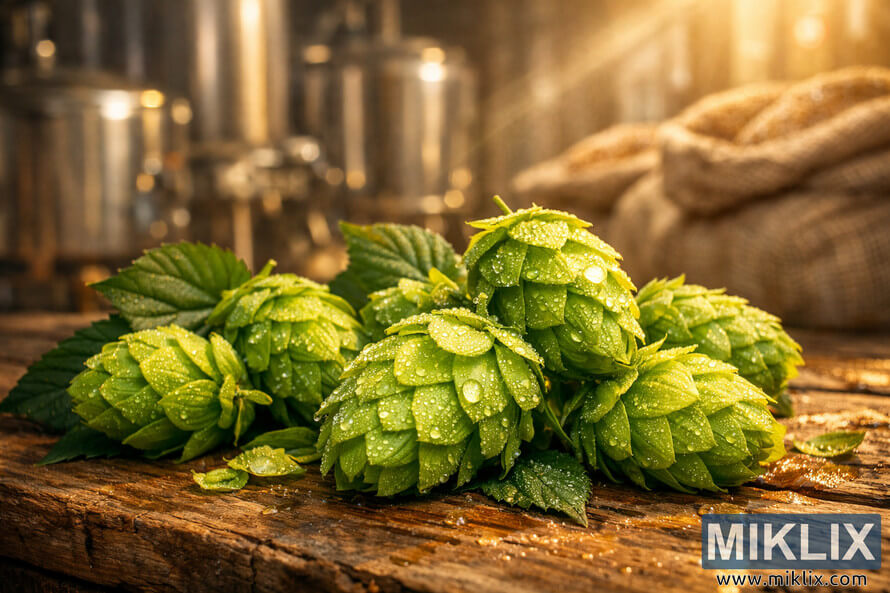 Close-up of bright green Wai-iti hop cones with dew droplets on a rustic wooden table, set against a softly blurred brewery background with warm golden light.