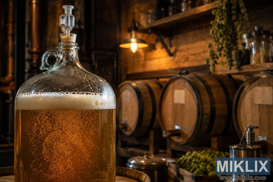 A landscape-oriented close-up of a glass carboy filled with bubbling golden fermenting liquid topped with a frothy white foam head. A landscape-oriented close-up of a glass carboy filled with bubbling golden fermenting liquid topped with a frothy white foam head.