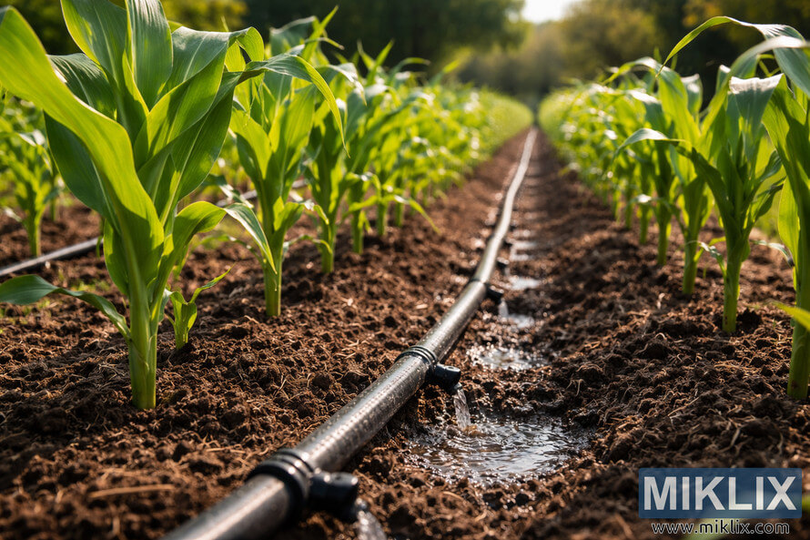 Drip irrigation hose watering young corn plants growing in neat rows in a sunlit home garden.