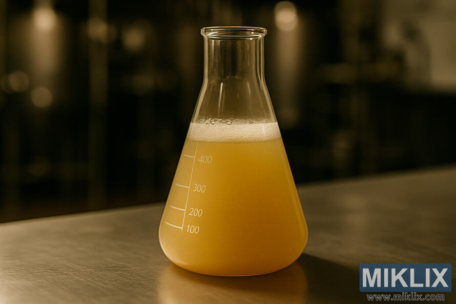 Isang malinaw na salamin na Erlenmeyer flask na puno ng maulap na gintong likido sa ibabaw ng hindi kinakalawang na asero, mainit na naiilawan na may malabong background ng serbeserya. Isang malinaw na salamin na Erlenmeyer flask na puno ng maulap na gintong likido sa ibabaw ng hindi kinakalawang na asero, mainit na naiilawan na may malabong background ng serbeserya.