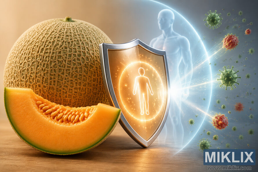 Illustration of a ripe cantaloupe beside a glowing protective shield that blocks floating virus particles, symbolizing immune system support and healthy nutrition. Illustration of a ripe cantaloupe beside a glowing protective shield that blocks floating virus particles, symbolizing immune system support and healthy nutrition.