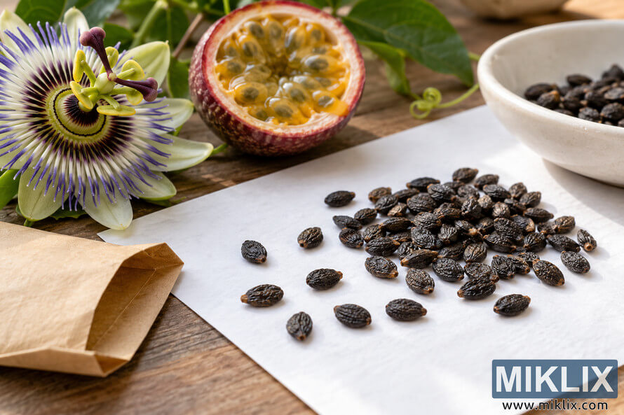 Clean dark passionflower seeds on white paper beside a passionflower bloom, halved fruit, ceramic bowl, and kraft seed envelope. Clean dark passionflower seeds on white paper beside a passionflower bloom, halved fruit, ceramic bowl, and kraft seed envelope.