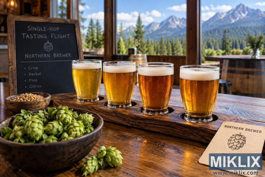 Four small glasses of golden and amber beer in a wooden tasting flight, surrounded by green hop cones and barley in a rustic mountain brewery.