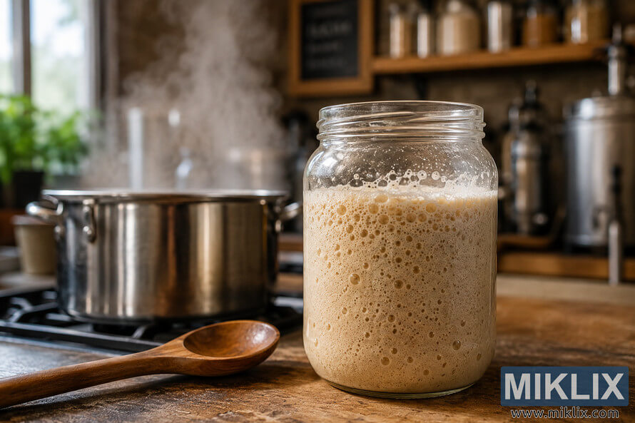 Close-up photograph of a frothy light golden yeast starter fermenting inside a clear glass jar on a wooden countertop, with a wooden stirring spoon beside it, a steaming stainless steel pot of boiling wort in the background, and softly blurred homebrewing equipment on warm wooden shelves under cozy natural lighting. Close-up photograph of a frothy light golden yeast starter fermenting inside a clear glass jar on a wooden countertop, with a wooden stirring spoon beside it, a steaming stainless steel pot of boiling wort in the background, and softly blurred homebrewing equipment on warm wooden shelves under cozy natural lighting.