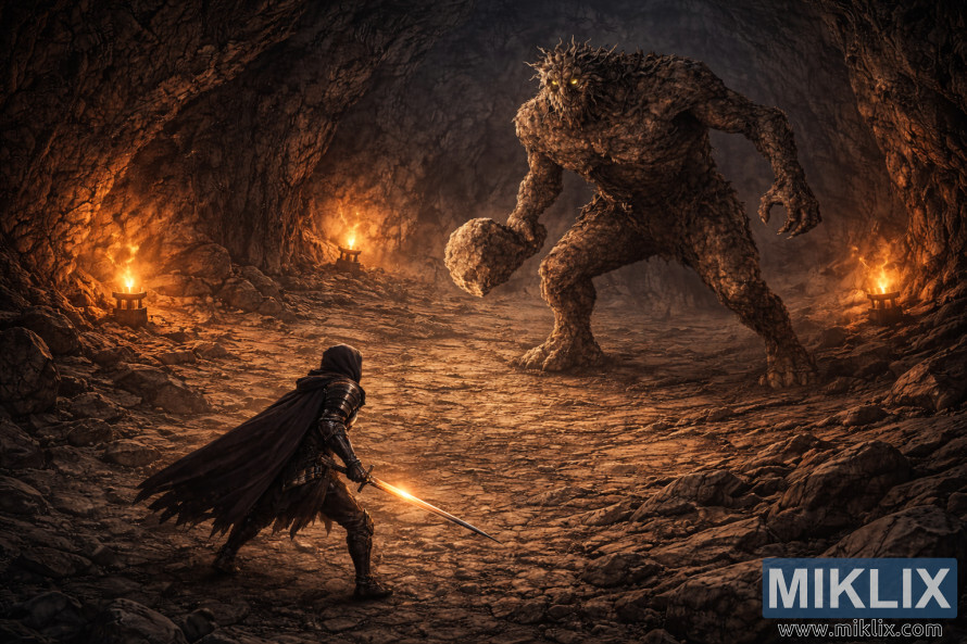 Cena de fantasia semi-realista a partir de uma vista isomÃ©trica elevada de um guerreiro encapuzado e armadurado com uma espada brilhante a enfrentar um troll de pedra colossal numa caverna subterrÃ¢nea iluminada por tochas.