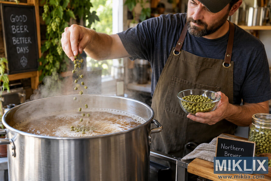 Homebrewer in a rustic brewing workspace sprinkling green hop pellets into a steaming stainless-steel kettle of boiling amber wort while holding a glass bowl of hops.
