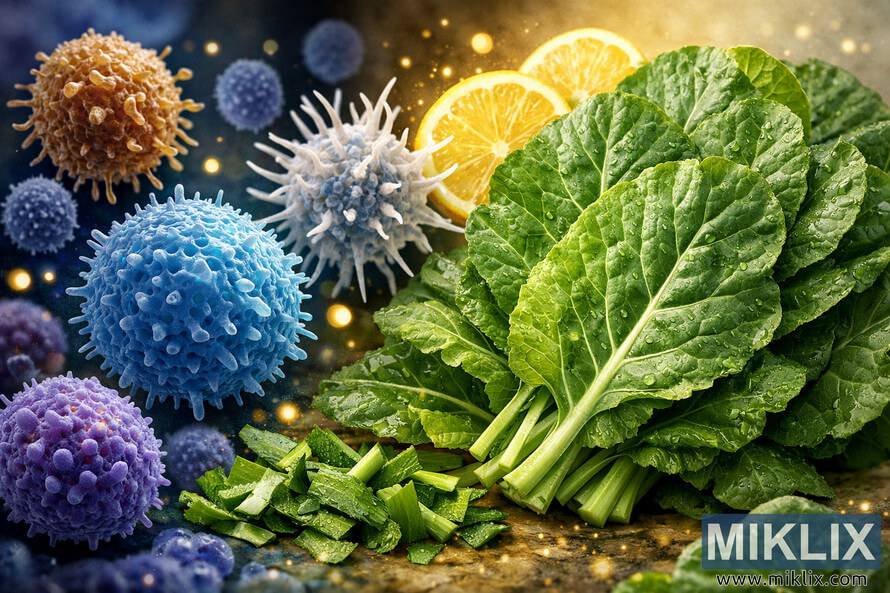 A detailed digital artwork showing immune system cells beside fresh collard greens and lemon slices, symbolizing vitamin C benefits.