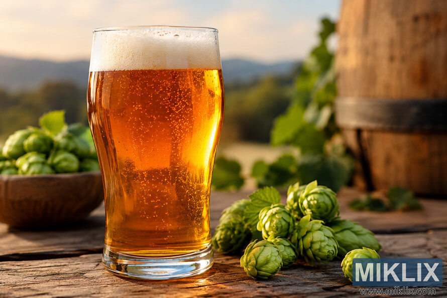 Photorealistic landscape image of an amber American Pale Ale in a clear glass with creamy foam, rising carbonation, fresh green hop cones, and a rustic wooden brewing setting. Photorealistic landscape image of an amber American Pale Ale in a clear glass with creamy foam, rising carbonation, fresh green hop cones, and a rustic wooden brewing setting.