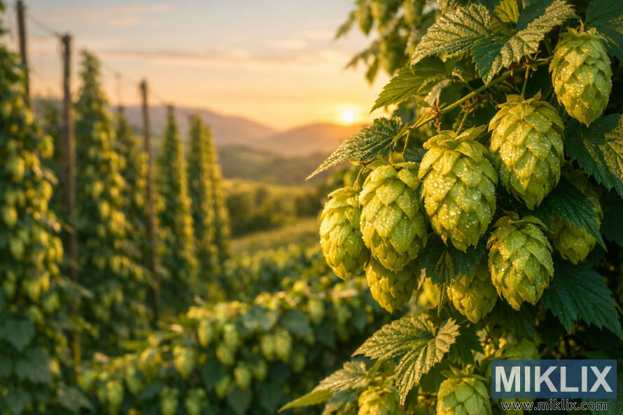 Close-up of ripe green hop cones on a vine during golden hour with softly blurred rolling hills in the background