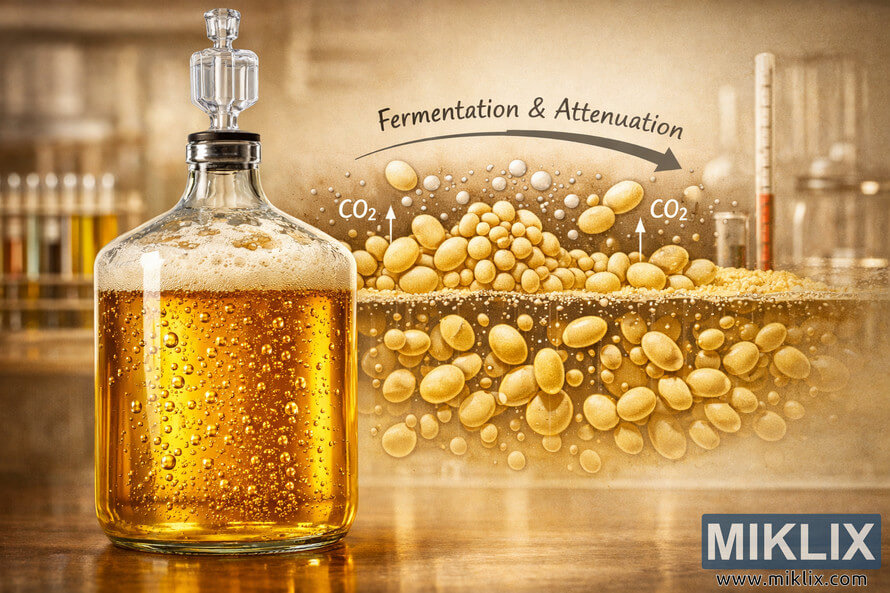 Glass carboy filled with golden lager fermenting, bubbles rising, with illustrated yeast cells flocculating and blurred laboratory equipment in the background. Glass carboy filled with golden lager fermenting, bubbles rising, with illustrated yeast cells flocculating and blurred laboratory equipment in the background.