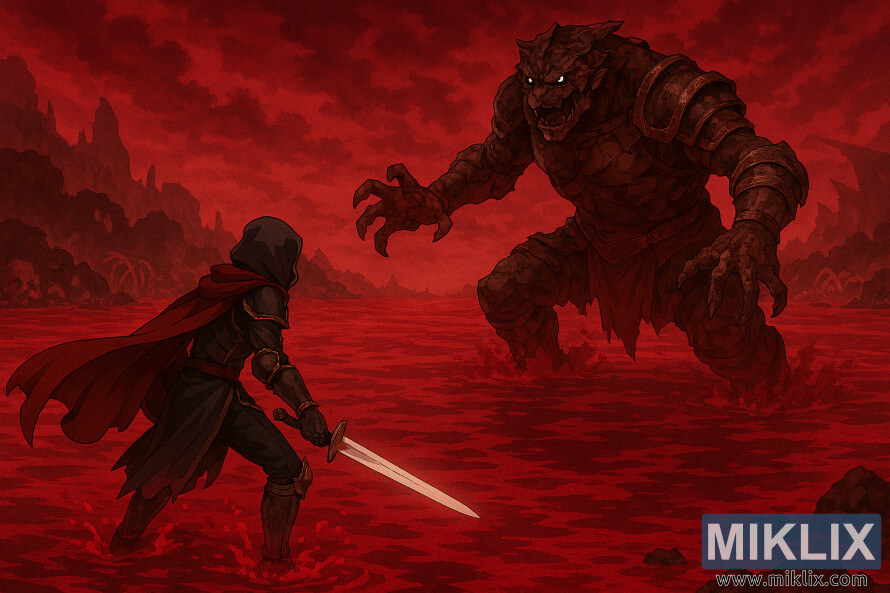 Anime fan art koji prikazuje Tarnished in Black Knife oklop koji se bori protiv Dragonkin Soldiera u Elden Ringovom Lake of Rot, gledan iz podignutog izometrijskog kuta Anime fan art koji prikazuje Tarnished in Black Knife oklop koji se bori protiv Dragonkin Soldiera u Elden Ringovom Lake of Rot, gledan iz podignutog izometrijskog kuta