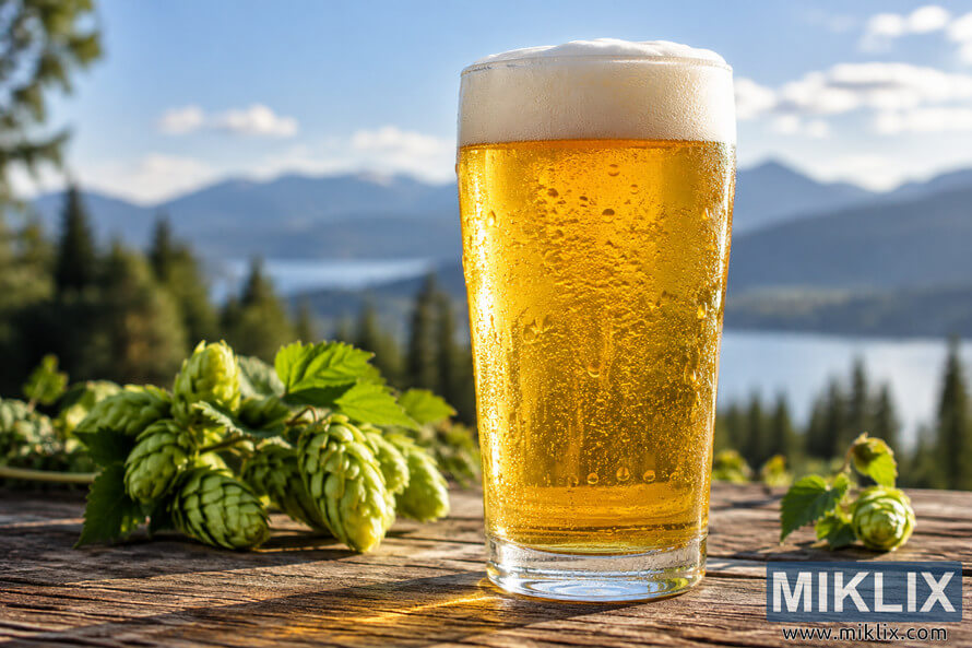 Bright golden Session IPA with a creamy white foam head and condensation in a clear unbranded pint glass, surrounded by fresh green hops on a rustic wooden table overlooking a lake, evergreen forest, and distant mountains. Bright golden Session IPA with a creamy white foam head and condensation in a clear unbranded pint glass, surrounded by fresh green hops on a rustic wooden table overlooking a lake, evergreen forest, and distant mountains.
