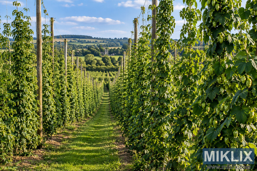 Landscape photograph of a traditional English hop garden, with tall green hop vines and pale green cones climbing wooden poles and trellis wires on both sides of a grassy central track, leading toward rolling countryside, hedgerows, trees, and a distant village beneath a blue summer sky. Landscape photograph of a traditional English hop garden, with tall green hop vines and pale green cones climbing wooden poles and trellis wires on both sides of a grassy central track, leading toward rolling countryside, hedgerows, trees, and a distant village beneath a blue summer sky.