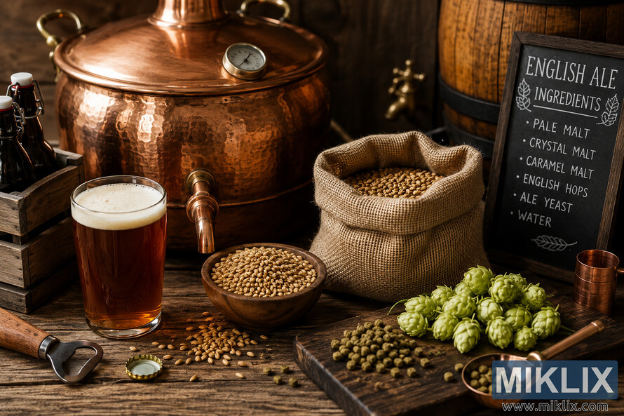 Traditional English ale brewing equipment and ingredients arranged on a rustic wooden table, featuring a hammered copper brew kettle, fresh hops, malted barley, and a glass of amber ale in warm atmospheric lighting. Traditional English ale brewing equipment and ingredients arranged on a rustic wooden table, featuring a hammered copper brew kettle, fresh hops, malted barley, and a glass of amber ale in warm atmospheric lighting.