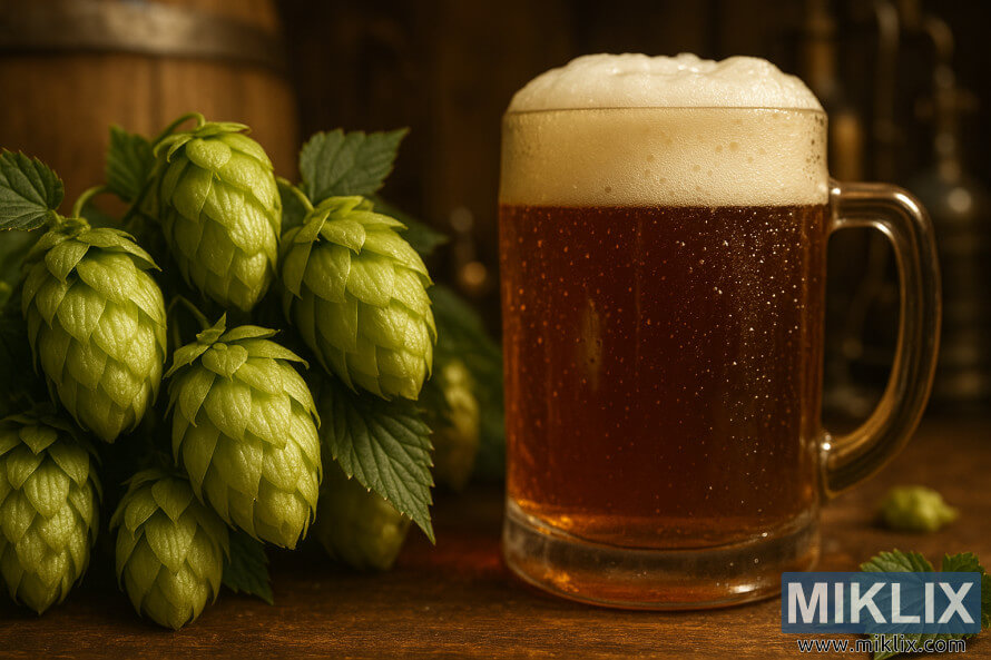 Krupni plan bledo zelene Serebrianka hmelja pored pjenuÅ¡avog Äilibarskog piva, sa drvenim buretom i alatima za pivo u pozadini.