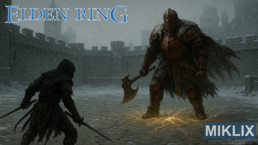 Fan art of a player in Black Knife armor facing Commander Niall with an axe in the snowy courtyard of Castle Sol from Elden Ring. Fan art of a player in Black Knife armor facing Commander Niall with an axe in the snowy courtyard of Castle Sol from Elden Ring.