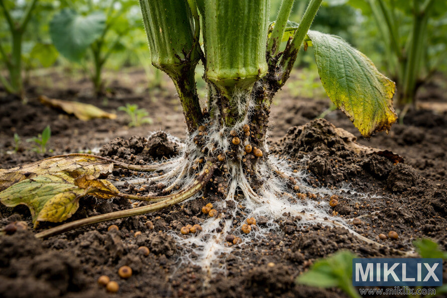 Close-up of an okra plant infected with Southern Blight showing white fungal growth and tan sclerotia around the stem base in soil.