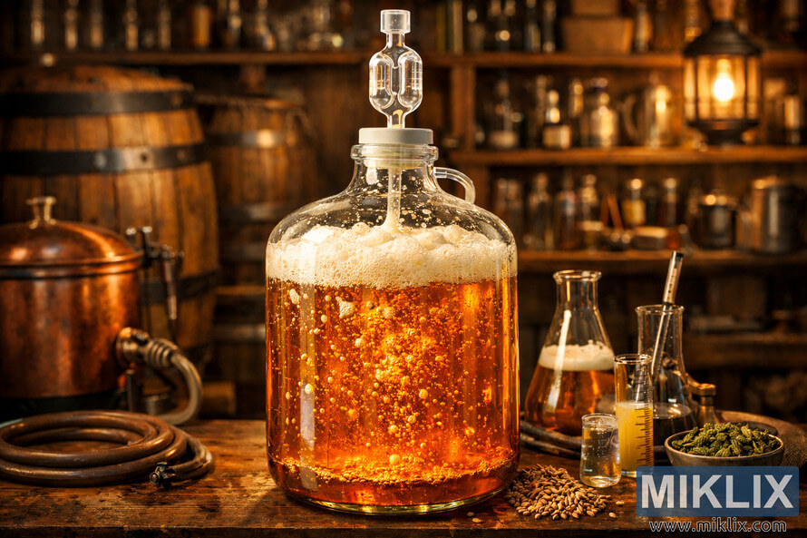 A glass carboy fermenter filled with bright golden wort bubbles under warm brewery lighting, surrounded by barrels, shelves of brewing gear, and lab-style glassware.
