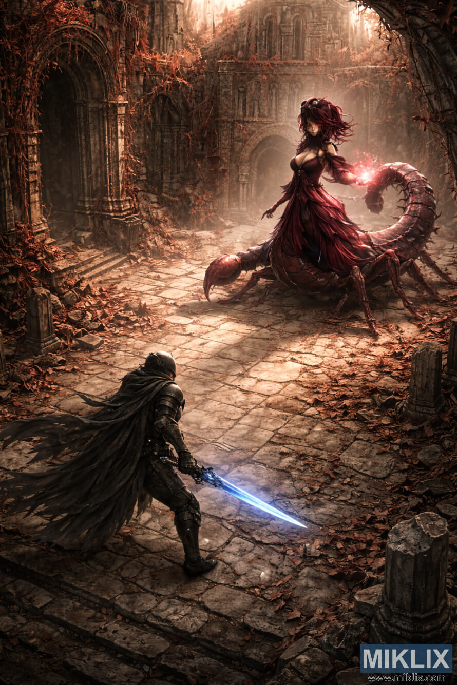 Isometric dark fantasy artwork showing the Tarnished from behind with a glowing blue sword facing the massive Romina, Saint of the Bud, inside the ruined Church of the Bud.