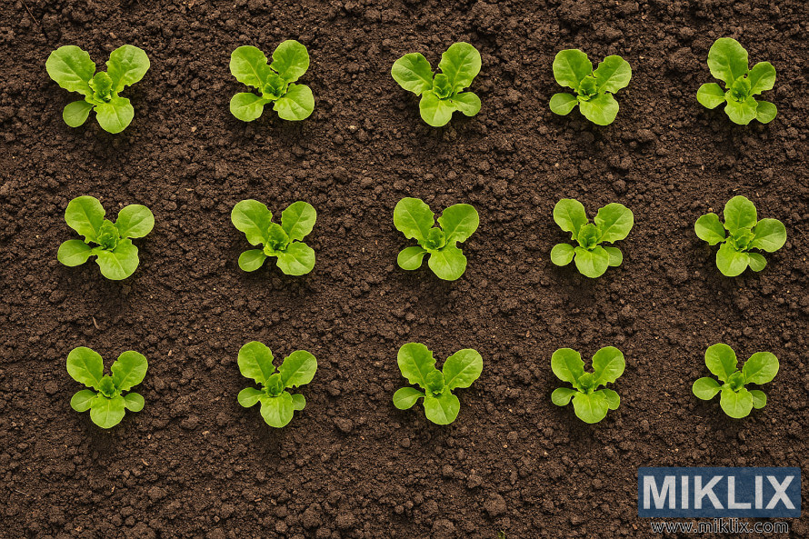 Top-down view of evenly spaced lettuce seedlings in dark soil after thinning