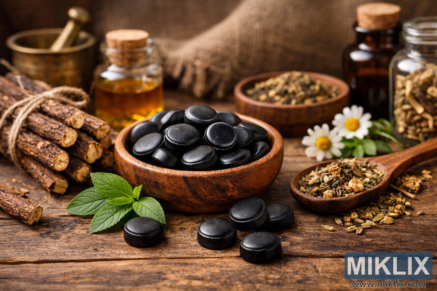 Landscape still life photograph of herbal licorice throat lozenges arranged in a wooden bowl on a rustic table, surrounded by dried licorice roots, fresh green leaves, chamomile flowers, fennel seeds, a jar of golden honey, glass bottles of herbal extracts, a wooden spoon filled with mixed dried herbs, and a brass mortar and pestle, all softly lit with warm, inviting light.