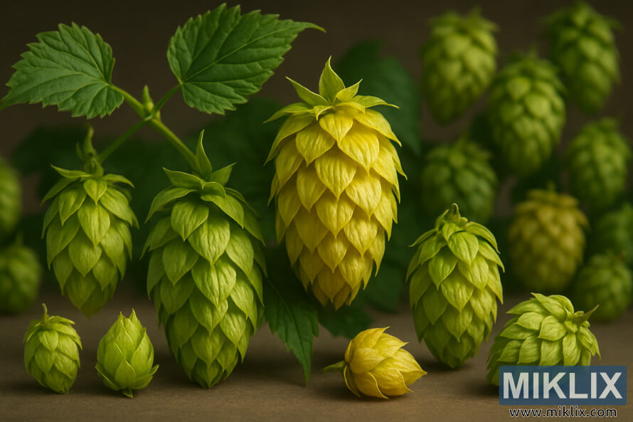 Primer plano de conos de lÃºpulo Sterling con follaje y variadas variedades de lÃºpulo en el fondo.