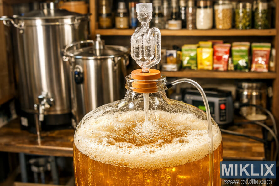 Clear glass fermenter filled with golden wort being oxygenated by a diffusion stone, with bubbles rising, stainless-steel brewing equipment nearby, and brewing ingredients on shelves in the background. Clear glass fermenter filled with golden wort being oxygenated by a diffusion stone, with bubbles rising, stainless-steel brewing equipment nearby, and brewing ingredients on shelves in the background.