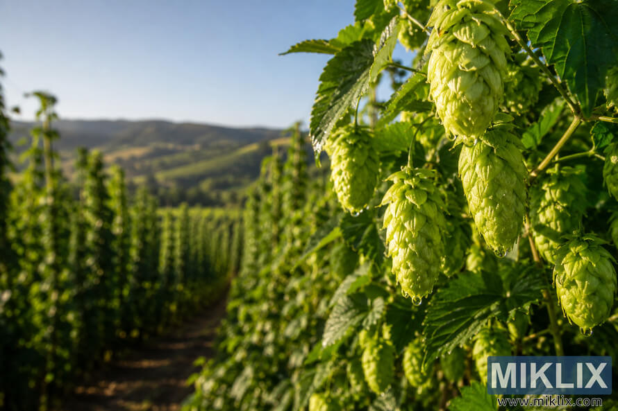 Close-up of dew-covered green Golding hop cones hanging from vines in a sunlit hop field with blurred hills in the background. Close-up of dew-covered green Golding hop cones hanging from vines in a sunlit hop field with blurred hills in the background.