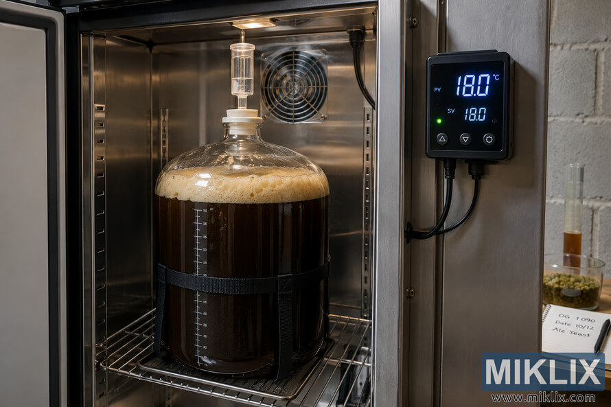 Dark high-gravity batch fermenting in a glass carboy inside a stainless-steel chamber with a digital controller reading 18.0°C. Dark high-gravity batch fermenting in a glass carboy inside a stainless-steel chamber with a digital controller reading 18.0°C.