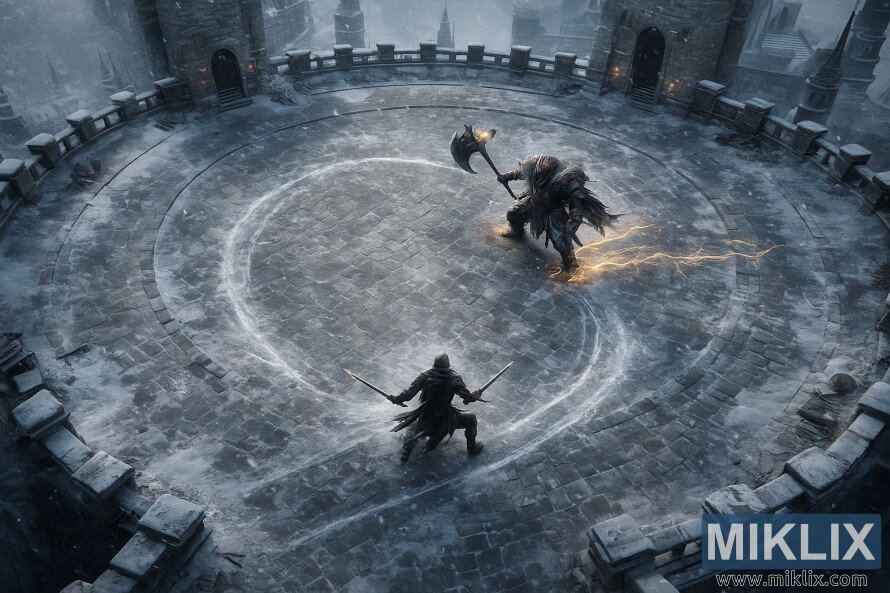 Vista aÃ©rea em Ã¢ngulo elevado de um Maculado com duas katanas a circular o Comandante Niall numa grande arena nevada no topo do Castelo Sol.