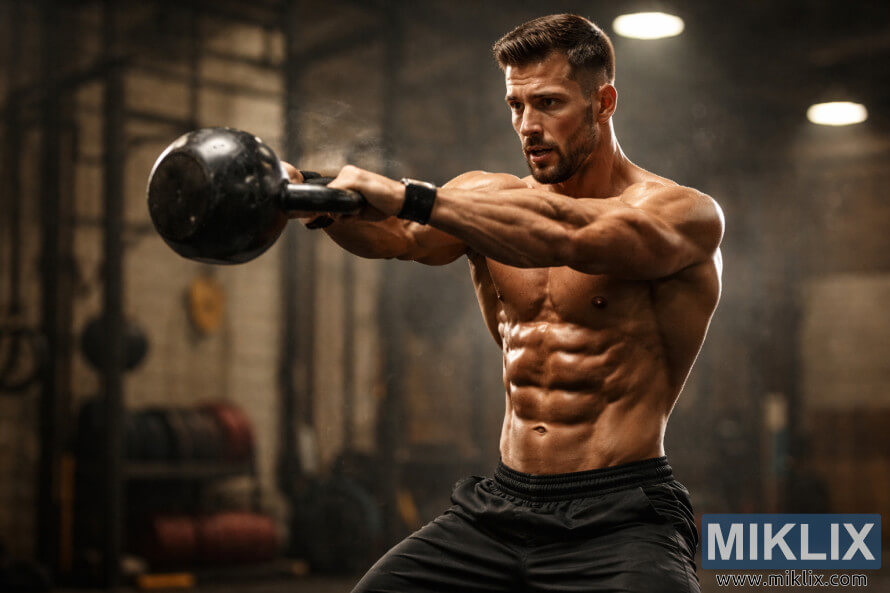 Atlet berotot sedang melakukan ayunan kettlebell di pusat kebugaran industri yang kumuh dengan pencahayaan dramatis.