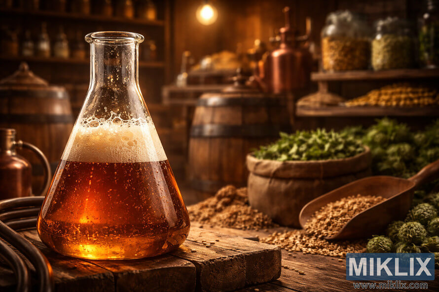 Close-up of a glass flask filled with amber brewing liquid and foaming yeast, set in a warmly lit traditional brewery with wooden barrels and hops in the background. Close-up of a glass flask filled with amber brewing liquid and foaming yeast, set in a warmly lit traditional brewery with wooden barrels and hops in the background.