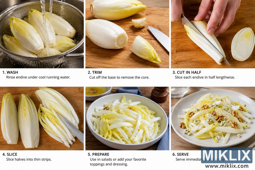 Instructional six-panel collage showing the preparation of Belgian endive. The sequence demonstrates rinsing whole endives under running water, trimming the base on a wooden cutting board, slicing the endive lengthwise with a kitchen knife, cutting the halves into thin strips, placing the sliced endive into a serving bowl, and presenting the finished salad with walnuts and dressing on a white plate. Instructional six-panel collage showing the preparation of Belgian endive. The sequence demonstrates rinsing whole endives under running water, trimming the base on a wooden cutting board, slicing the endive lengthwise with a kitchen knife, cutting the halves into thin strips, placing the sliced endive into a serving bowl, and presenting the finished salad with walnuts and dressing on a white plate.