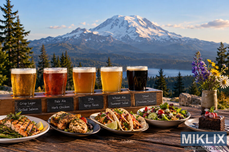Five unbranded craft-style beers paired with grilled salmon, herb chicken, spicy tacos, summer salad, and chocolate dessert on a rustic outdoor table overlooking evergreen forest, a lake, and snow-covered Mount Rainier at golden hour. Five unbranded craft-style beers paired with grilled salmon, herb chicken, spicy tacos, summer salad, and chocolate dessert on a rustic outdoor table overlooking evergreen forest, a lake, and snow-covered Mount Rainier at golden hour.